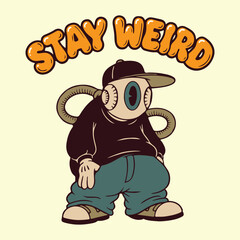 Retro Cartoon Eyeball Mascot with "Stay Weird" Bubble Lettering (AI Generated)