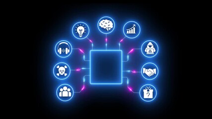 Central processor with surrounding digital icons representing concepts like ideas, brain, growth, hacking, handshake, gift, people, and danger