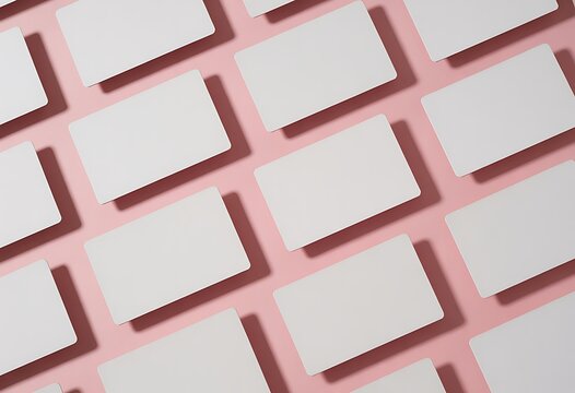 Geometric pattern of blank white cards with red borders on a pink background