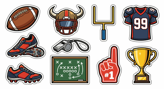 Football Game Equipment Icons Sticker Set