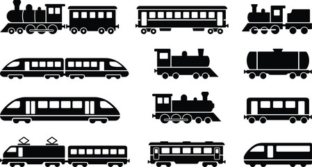 Train icon collection, steam and electric locomotives, passenger and cargo cars, silhouette grid, railway transport, vector illustration, design © MdMahmudul
