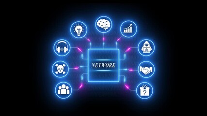 Central processor displaying NETWORK surrounded by digital icons for ideas, brain, growth, hacking, handshake, gift, people, and danger - Powered by Adobe