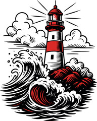 Lighthouse Waves Nautical Vintage Vector Design