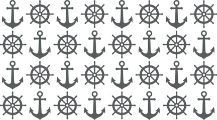 Nautical icon grid, ship wheel and anchor pattern, maritime symbols, ocean theme, seamless vector design, symmetrical layout, black silhouettes