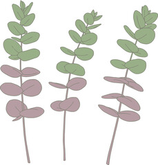 Three stylized botanical branches with green and reddish-purple leaves, depicted as a simple graphic illustration on a white background.