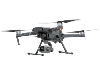 Gray professional camera drone with four propellers, isolated on transparent background