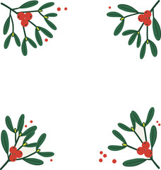 Festive mistletoe sprigs with red berries and green leaves decorating the corners of a white background, perfect for holiday designs.