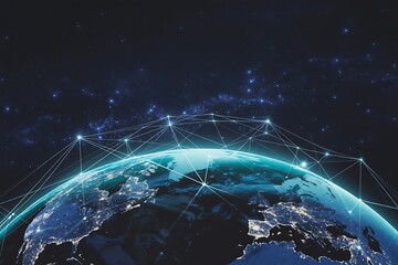Global network connections and digital data flow around earth at night