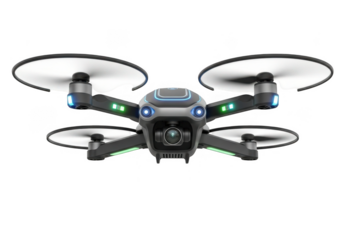 Sleek black and grey camera drone with blue and green led lights isolated on transparent background