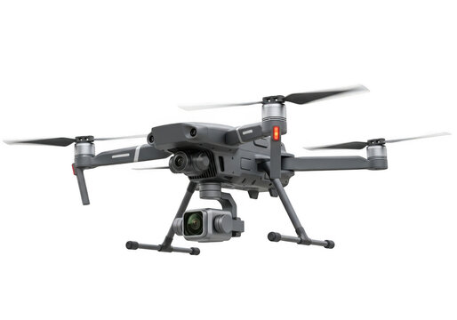 Gray professional camera drone with four propellers, isolated on transparent background