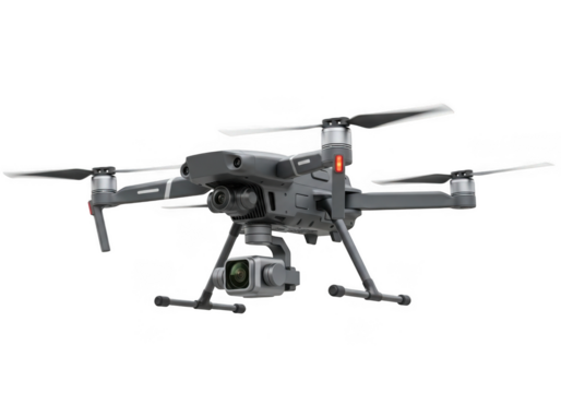 Gray professional camera drone with four propellers, isolated on transparent background - Powered by Adobe