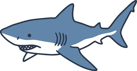 A simple cartoon illustration of a blue and white shark with sharp teeth, swimming sideways.