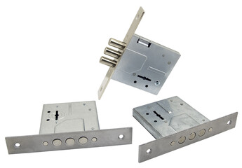 Three mechanical door locks on a white