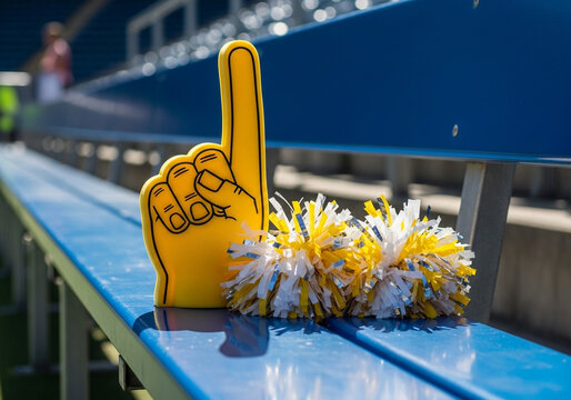 Yellow foam finger and pom-poms on stadium bench during daytime   - Powered by Adobe