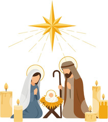 A flat illustration of the Nativity scene with Mary, Joseph, and baby Jesus under a shining star, surrounded by glowing candles.