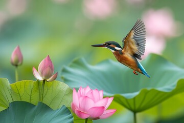 Kingfisher bird in flight over blooming lotus flowers and lily pads