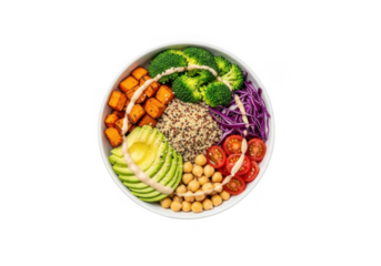Healthy and colorful vegan power bowl with quinoa, avocado, and vegetables, isolated on transparent background