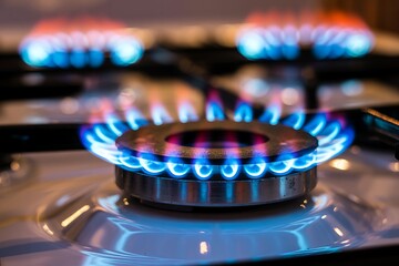 Close-up of a gas stove burner with bright blue and orange flames in focus on a white surface.