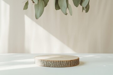 Natural Wooden Slice Podium with Eucalyptus Leaves and Soft Sunlight Shadows for Product Display
