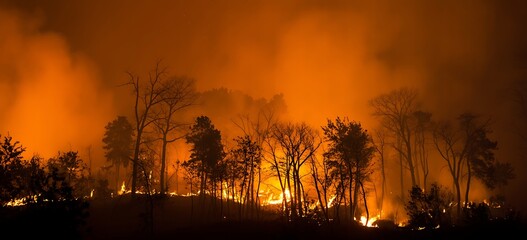 A dramatic scene of a forest fire at night, with flames engulfing trees and smoke filling the sky.