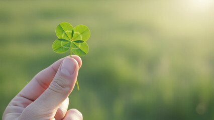 Hand holding four-leaf clover against green nature background