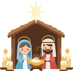 A cute cartoon nativity scene with Mary, Joseph, baby Jesus, a star, and candles, depicting the Christmas story.