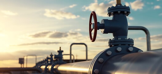Industrial Pipeline Valve with Red Wheel Against a Sunset Sky, Energy Infrastructure and Natural Gas Flow Concept