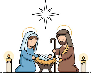 Cartoon illustration of the Nativity scene with Mary, Joseph, and baby Jesus in a manger under the Star of Bethlehem, flanked by candles.