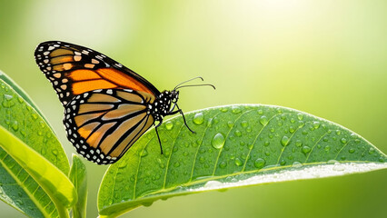 Orange monarch butterfly resting on green leaf with raindrops