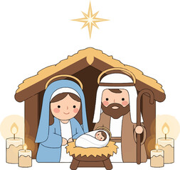 A cute cartoon nativity scene with Mary, Joseph, and baby Jesus in a manger under a shining star, surrounded by glowing candles.