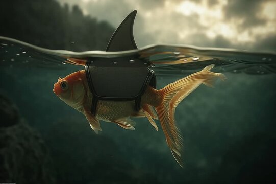 goldfish wearing fake shark fin harness, AI generated video