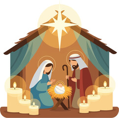 A colorful illustration of the Nativity scene with Mary, Joseph, and baby Jesus in a stable, illuminated by a bright star and several glowing candles.