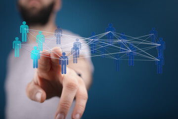 Concept of digital networking and people connecting with hand touch. Showing a human network in the digital world. Idea of communication, connec