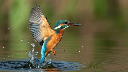 Majestic Kingfisher Mid-Flight, Emerging from Water with Splash and Dripping Droplets