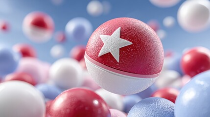 Abstract red and white sphere with a star surrounded by floating balls.

