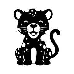 Cute leopard cartoon character sitting on rock silhouette, vector art