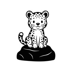 Cute leopard cartoon character sitting on rock silhouette, vector art