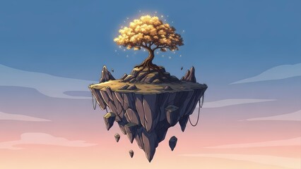 Fantasy Floating Island with Golden Tree Against a Serene Sky.