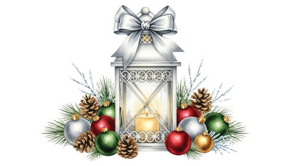 Christmas Lantern with Red Green Gold Ornaments and Pinecones Watercolor Illustration