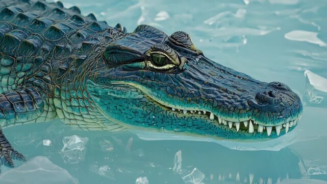 Striking close-up of an alligator's head with vibrant blue-green scales breaking through icy water. Its sharp, formidable teeth are clearly visible, conveying power and wild nature