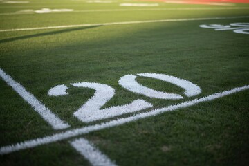 Close-up view of the "20" yard line marker on a well-maintained green football field under natural light.