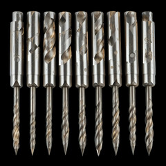 Row of ten metallic masonry drill bits with helical flutes displayed against
