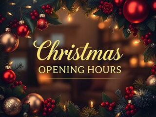 Classic Christmas Opening Hours Sign with Festive Decorations