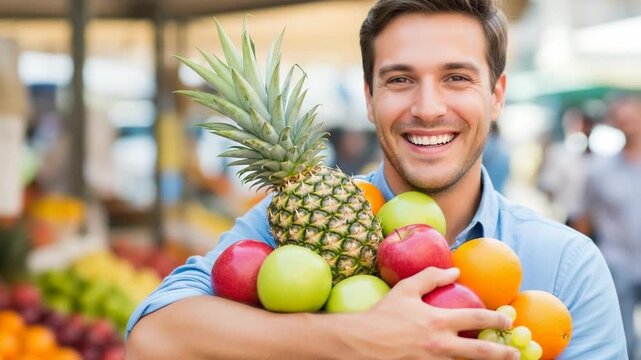 Happy caucasian male adult holds a large armful of fresh, colorful fruits. He smiles brightly while shopping for healthy produce. Emphasizing nutrition, wellness, and a vibrant lifestyle