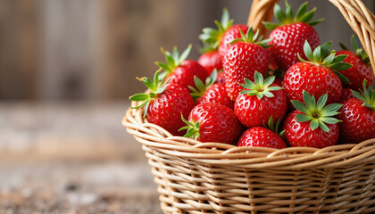 Fresh strawberries in a woven basket on rustic wooden table. Delicious strawberries are gathered in a basket, showcasing their vibrant red color and green leaves.