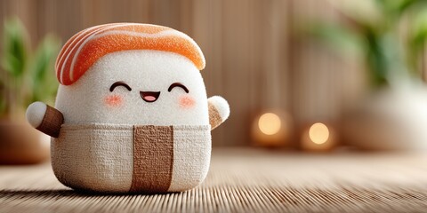 Adorable smiling salmon sushi roll character on wooden table.


