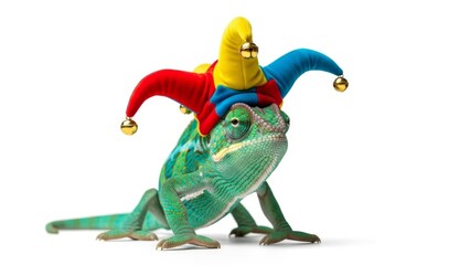 Fototapeta premium chameleon wearing a jester hat, joker, entertainer, on a white background, animal photo