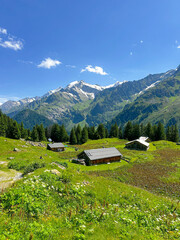 Chalets and the French mountain landscape in the summertime 