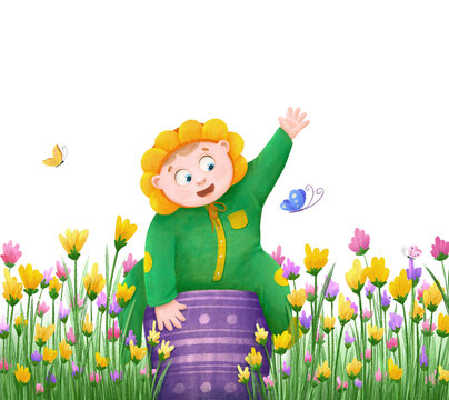 A watercolor illustration of a baby in a flower meadow. This hand drawn painting of a boy in a flower pot is perfect for a baby shower card.