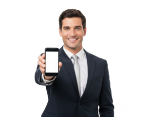Smiling businessman in a sharp suit holding a smartphone displaying a blank screen isolated on transparent background
